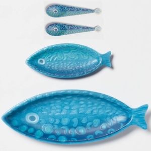 OpalHouse Bamboo Melamine Blue Fish Serving Platter 2 Pack + 2pc Spoon Set NWT